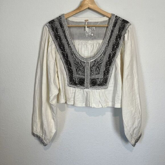Free People Ivory Black Bean Combo Iggie Embroidered Top Women's Size Medium - Picture 2 of 7